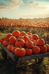 Pumpkin in farmland in Fall. Seasonal theme for greeting card background.