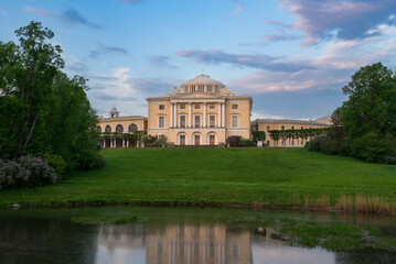 View of the Summer Palace of Emperor Paul I in Pavlovsky park from the Slavyanka River on a sunny summer day, Pavlovsk, Saint Petersburg, Russia