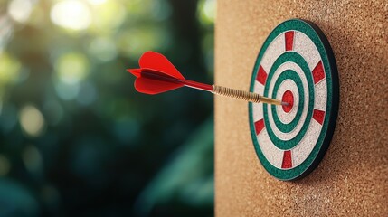Bullseye Target with Arrow A dart hitting the bullseye of a target pinned to a corkboard, symbolizing achieving goals, focus, and strategic planning.