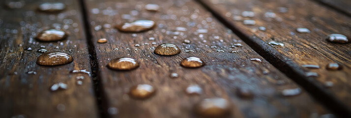 A close up of raindrops on an old wooden table, generative AI