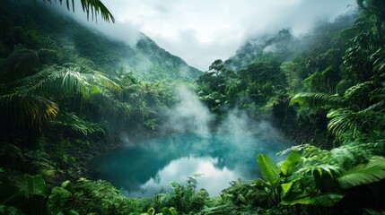 Boiling Lake in Dominica, nestled in a lush tropical rainforest with a misty, otherworldly aura