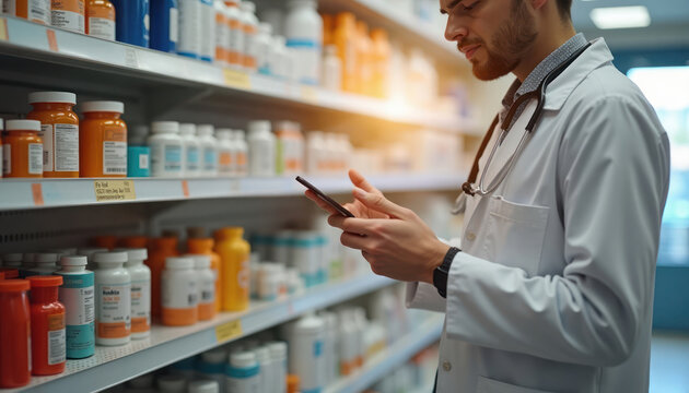 Pharmacist checks prescription on phone in pharmacy. Various drug bottles line shelves. Healthcare pro looks at digital document. Pharmacy setting. Focus on medication dispensing, prescription