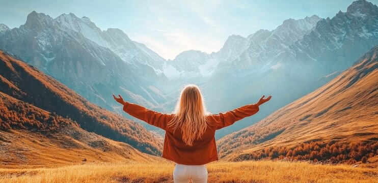 Woman Embracing Nature and Worshiping God in a Mountainous Landscape - Powered by Adobe
