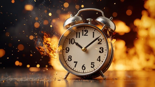 The clock's hands ticked frantically as flames danced around it, the once pristine clock face now consumed by the fire, each passing second a reminder of time burning away.