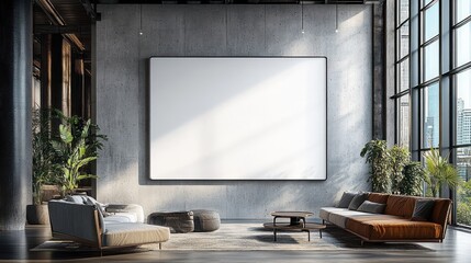 Modern Office Interior Design with Sleek Furniture Large Windows and Blank Whiteboard Reception Area Mockup