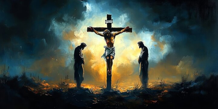 Jesus Christ on the Cross with Two Thieves in Stormy Sky Dramatic Oil Painting on Calvary