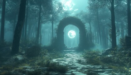 Obraz premium Enchanted Night Forest with Glowing Orbs and Magical Mirror Portal to Another World