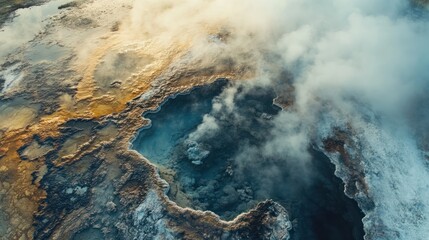 Bubbling geysers and steaming vents in Yellowstone National Park, surrounded by colorful hot springs