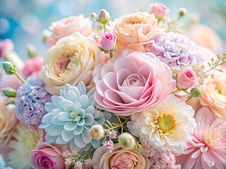 Close-up pastel floral bouquet; spring's soft light enhances delicate bloom details in elegant macro shots.