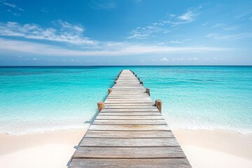 Obraz premium Tropical Island Vacation on a Quiet Beach with Pier and Turquoise Ocean