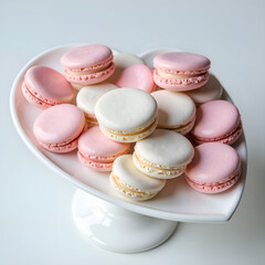 Fototapeta premium A charming display of delicate pink and white macarons on a heart shaped plate, photography of still life concept.