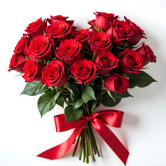 Obraz premium Stunning bouquet of vibrant red roses tied with a elegant ribbon for romantic occasions and celebrations, photography of floral arrangement concept.