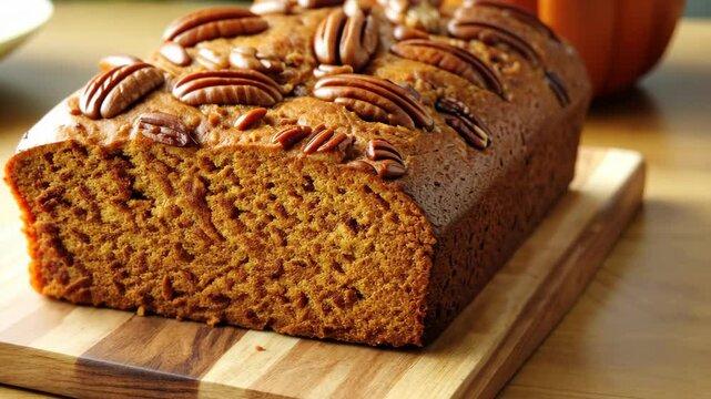 Delicious pumpkin bread with pecans prepared on a wooden cutting board in a cozy kitchen setting