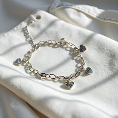 Delicate silver heart charm bracelet laid on soft satin fabric with gentle light and shadows, photography of still life concept.