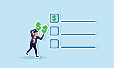 A businessman tries to mark a dollar sign on a checklist box, illustration of marking success in gaining profit from a list of several business projects