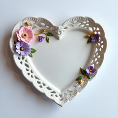 Delicate heart shaped plate adorned with beautiful floral accents for romantic decor, photography of still life concept.
