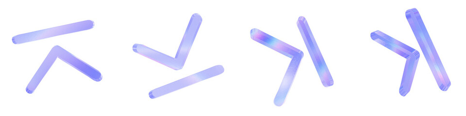 Set of 4 3d glass end arrow shape with aberration effect isolated on a transparent background. Blue tone. 3d transparent elements for graphic design.