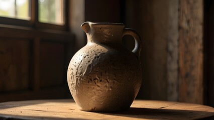 A rustic ceramic jug resting on a wooden table with soft sunlight streaming through a nearby window, highlighting its earthy texture