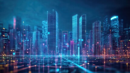 Holographic city with floating digital skyscrapers, smart traffic systems, virtual environmental elements, futuristic and sleek technology design, cyberpunk city aesthetics 