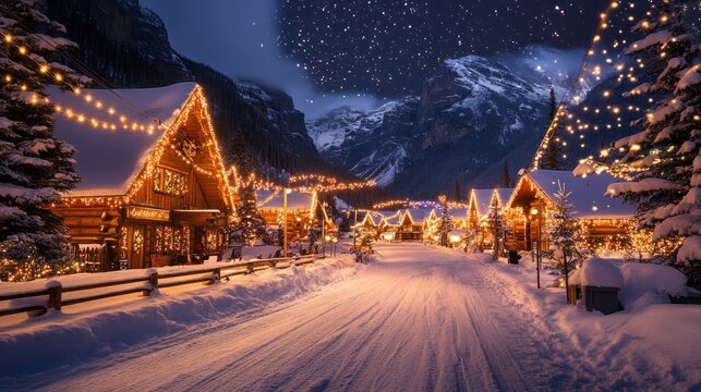 Countdown at Banff, Canada, glowing log cabins, Northern Lights above, and warm festive gatherings