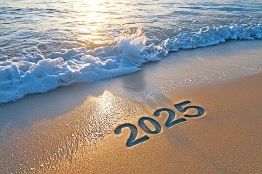 New year sunrise celebration on a beautiful beach capturing 2025 in the sand tranquil ocean waves serene environment inspirational moment for new beginnings - Powered by Adobe