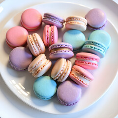 Fototapeta premium A colorful array of macarons on a white plate, showcasing delightful pastry treats in pastel colors, photography of still life concept.