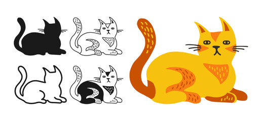 Cat symbol cartoon set. Abstract hand drawn comic kitten linear icon. Pet animal collection sign for infographic, website app. Simple sign doodle or silhouette funny cats. Vector isolated illustration