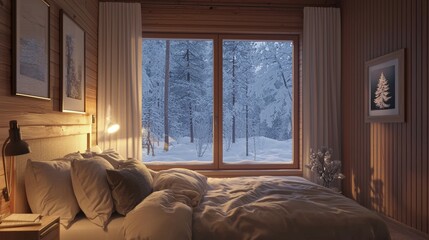 Fototapeta premium Cozy Scandinavian Inspired Bedroom with Winter Landscape View