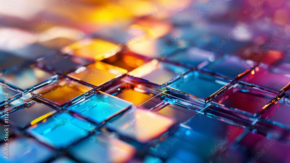 Poster Vibrant close up of colorful glass tiles reflecting light, creating stunning visual effect. interplay of colors and reflections adds depth and beauty to composition