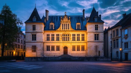Naklejka premium Illuminated stone building, twilight cityscape.