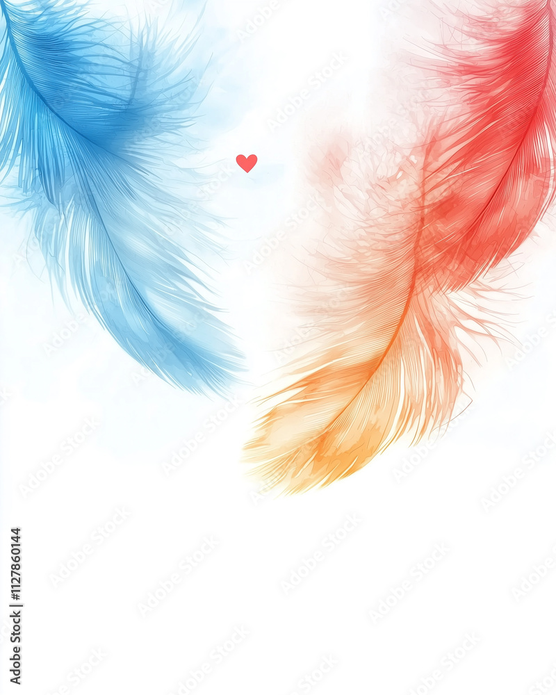 Poster delicate watercolor feathers in blue and red with heart accents create serene and artistic compositi
