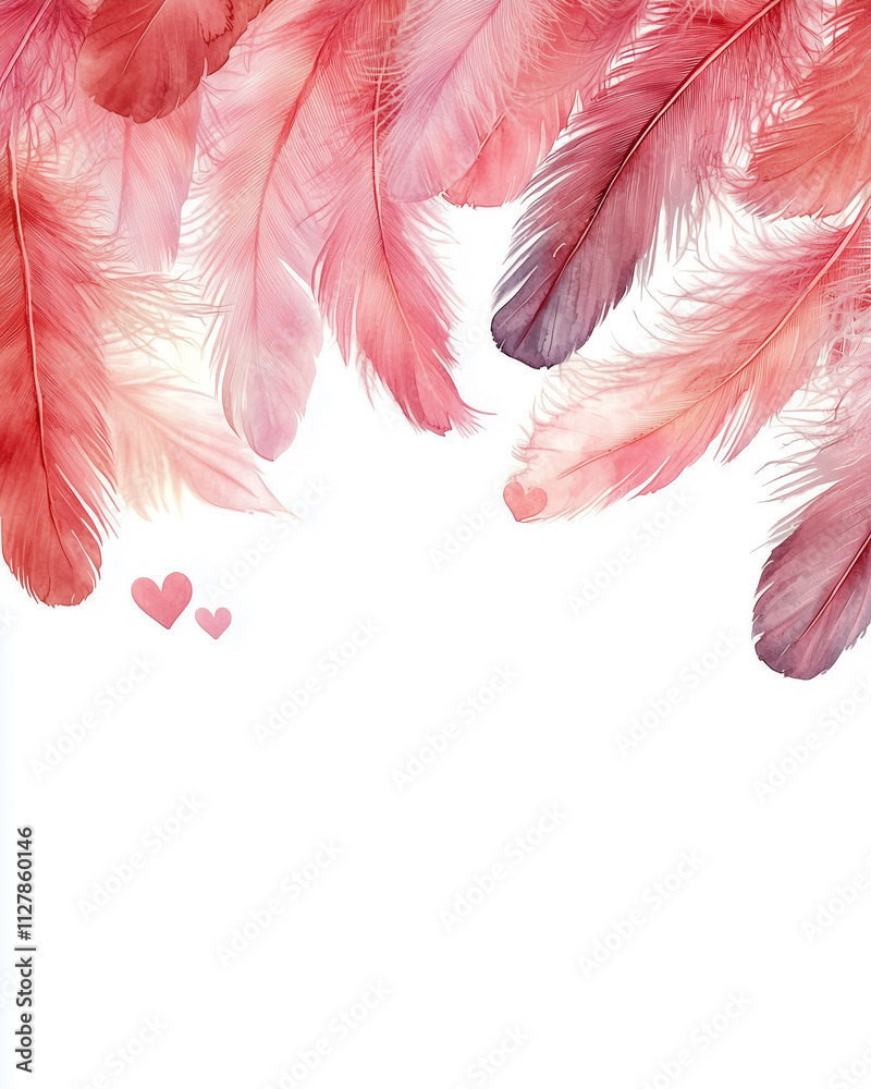Poster delicate watercolor feathers in soft pink hues with heart accents create romantic and whimsical atmo