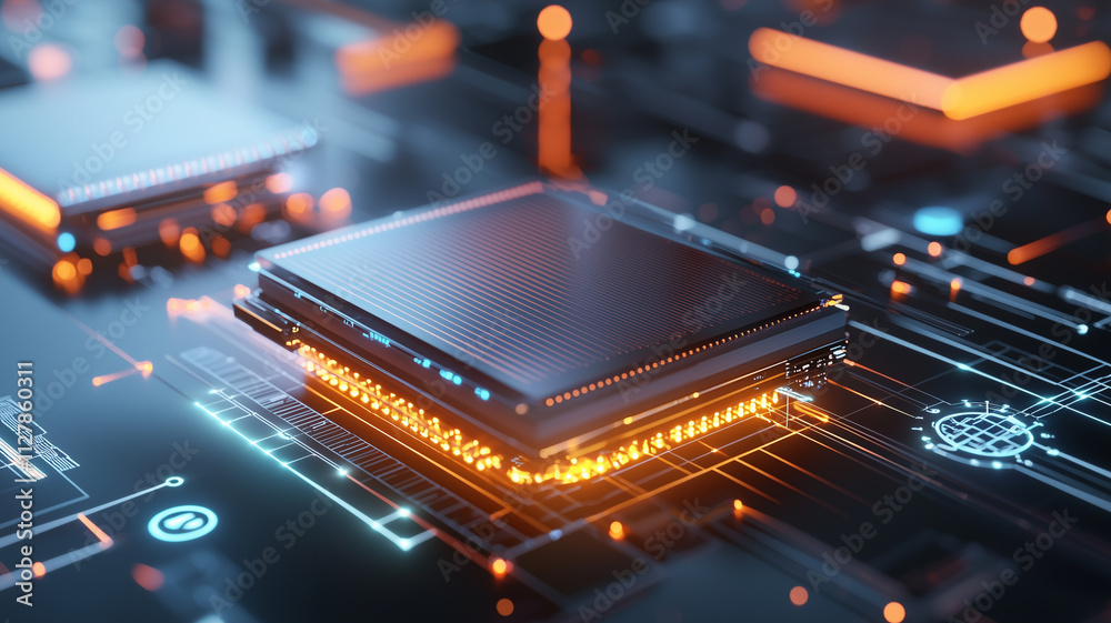 Poster Futuristic microchip with glowing edges on circuit board, showcasing advanced technology and innovation. vibrant colors and intricate details create captivating visual experience
