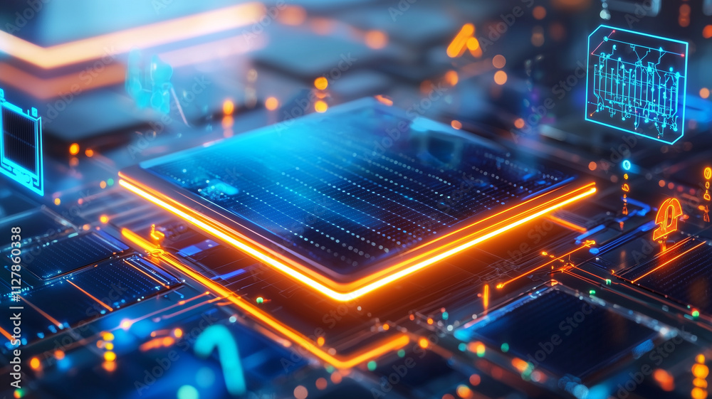 Poster Futuristic microchip with glowing edges surrounded by digital elements, representing advanced technology and innovation. vibrant colors create dynamic atmosphere