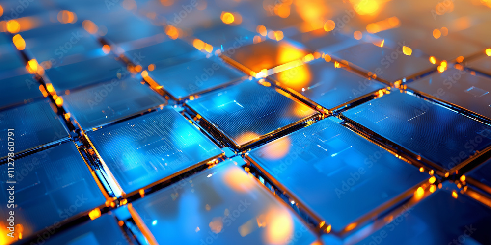 Poster Futuristic solar cells with glossy surface reflecting light, showcasing advanced technology and innovation. vibrant colors create captivating visual effect