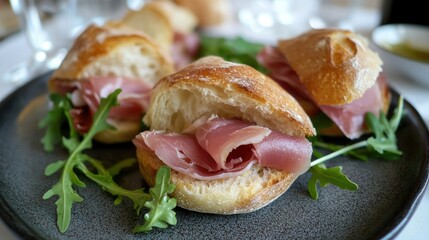 Delicious Ham Sandwiches on a Dark Plate with Fresh Arugula