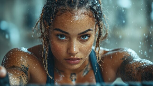A dedicated athlete trains hard in a gym, sweat and water droplets glistening on her skin as she intensely focuses on her workout. Her expression shows determination and strength.