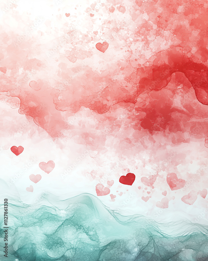 Poster soft watercolor waves with heart patterns create romantic atmosphere. blend of red and teal colors e