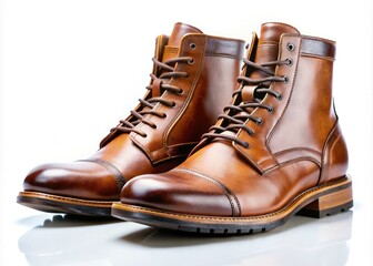 Detailed high-resolution PNG: brown leather boots on a pure white backdrop.