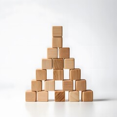 Wooden Blocks Pyramid Structure, Minimalist Arrangement of Natural Wood Cubes on White Background, Simple Geometric Shape,  Clean and Modern Aesthetic