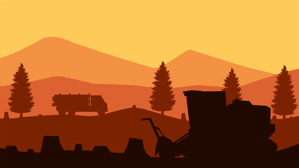 Landscape illustration of illegal logging and deforestation