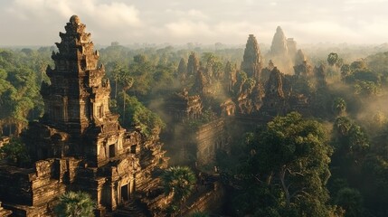 Ancient stone temples nestled in misty jungle.