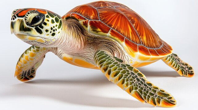 The image features a vibrant green sea turtle, known for its stunning shell pattern and graceful swimming abilities, set against a clean white background.