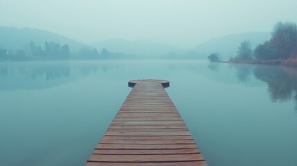 Naklejka premium Wooden Dock Extending Into Misty Lake Landscape