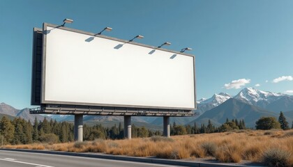 Obraz premium Blank billboard mockup outdoors against backdrop of mountains. Empty space ready for advertisement. Natural scenery with mountains, trees. Ideal for outdoor advertising campaign. Scenic location for