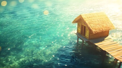 Thatched Roof Hut on Wooden Pier.