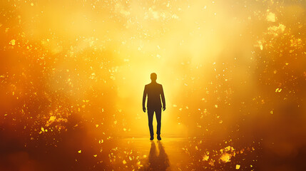 Silhouetted man standing in golden light. Halation. Illustration