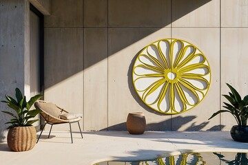 Elegant Citrus Leaf Contour with Sunny Reflections on Soft Sandy Concrete Wall for Uplifting Outdoor Interior Design