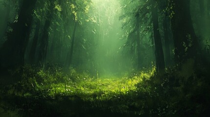 Obraz premium Serene Green Forest Path Sunlight Through Trees