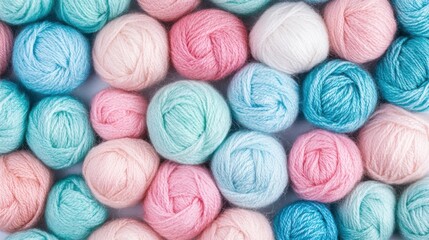 Colorful yarn balls in soft pastel shades are beautifully arranged on a flat surface, perfect for various crafting activities and projects